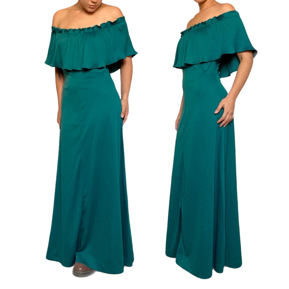 Vintage Off-Shoulder Accordion Pleat Maxi Gown